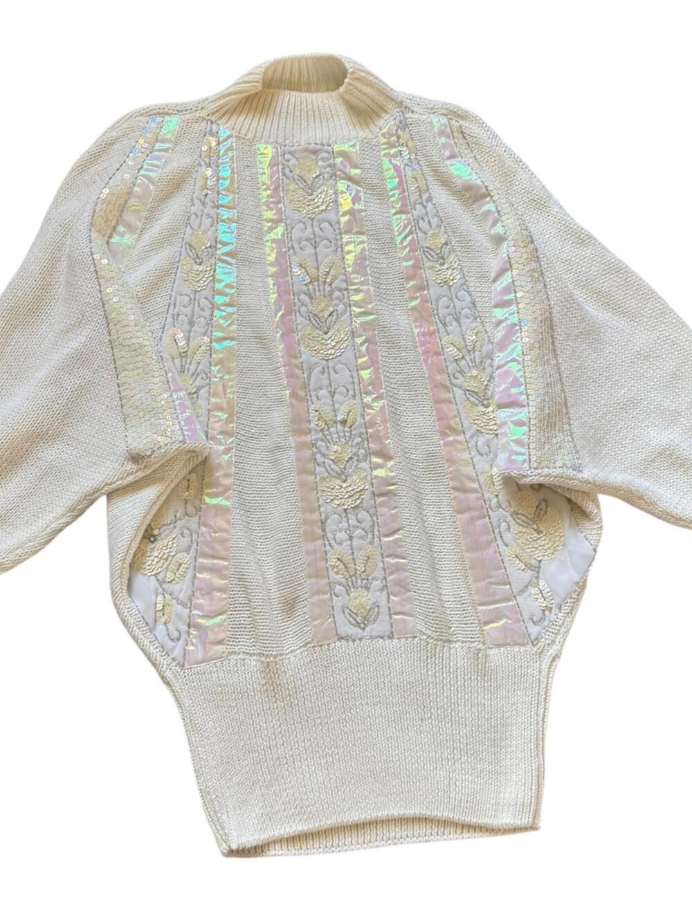 Bonnie Boerer Vintage 80s White Sequin Embroidered Sweater Medium